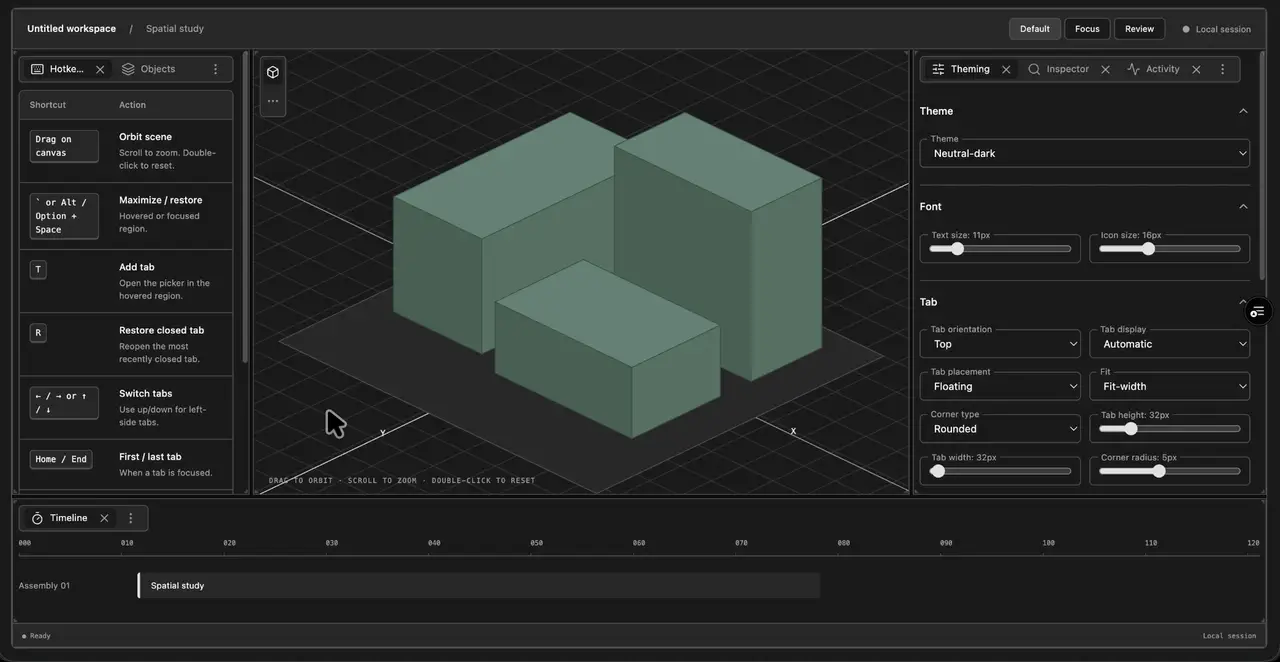 Recorded Quilt walkthrough with pane arrangements, scene interaction, and workspace presets